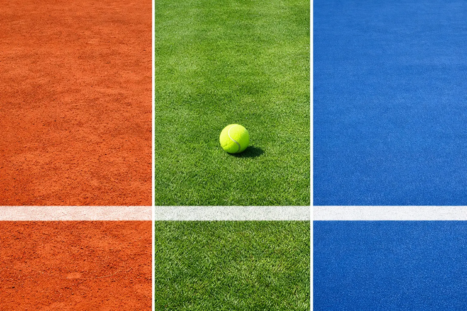 Visuale comparativa delle tre superfici del tennis: terra battuta, erba e cemento